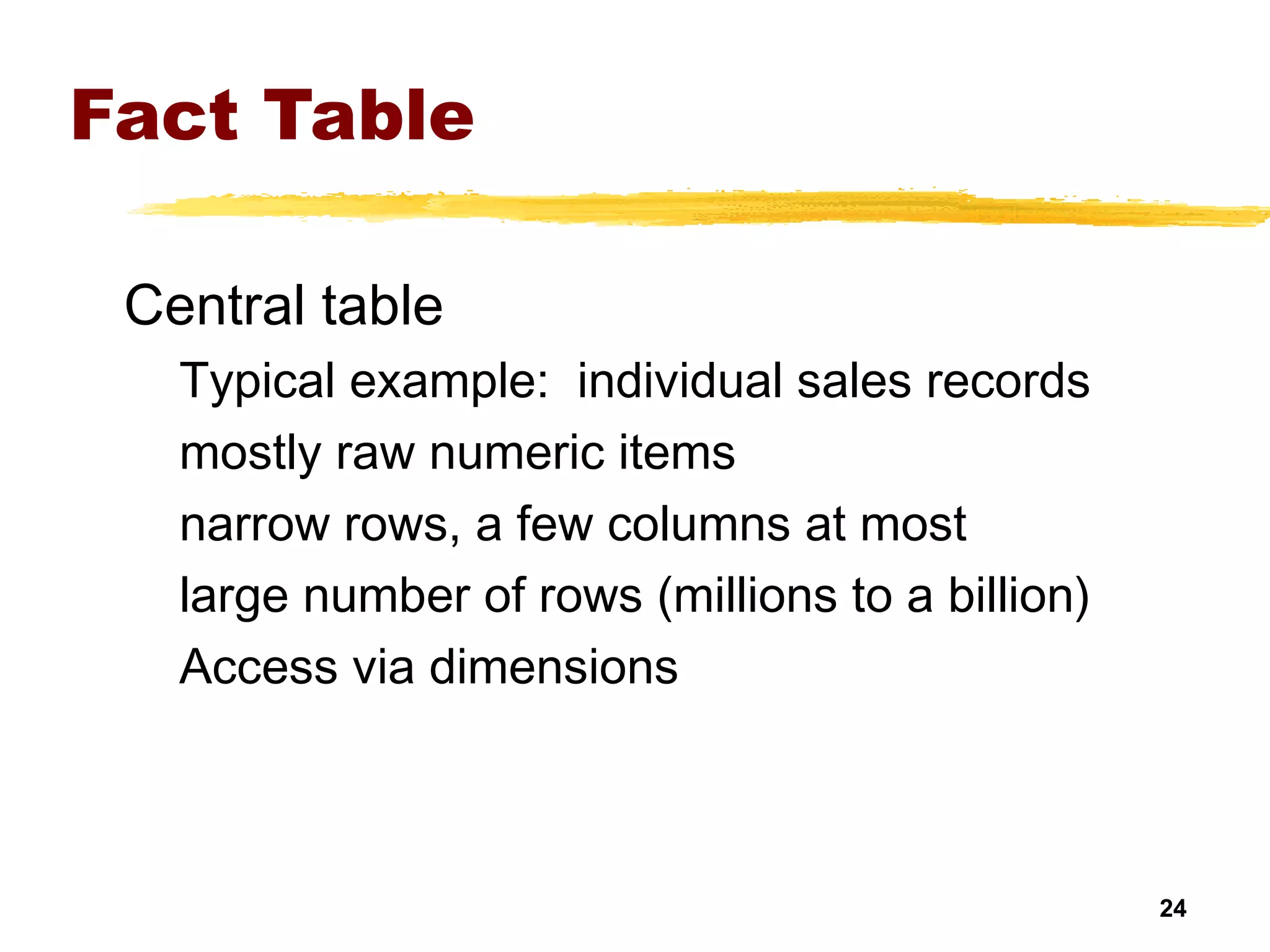 24
Fact Table
Central table
Typical example: individual sales records
mostly raw numeric items
narrow rows, a few columns at most
large number of rows (millions to a billion)
Access via dimensions
 