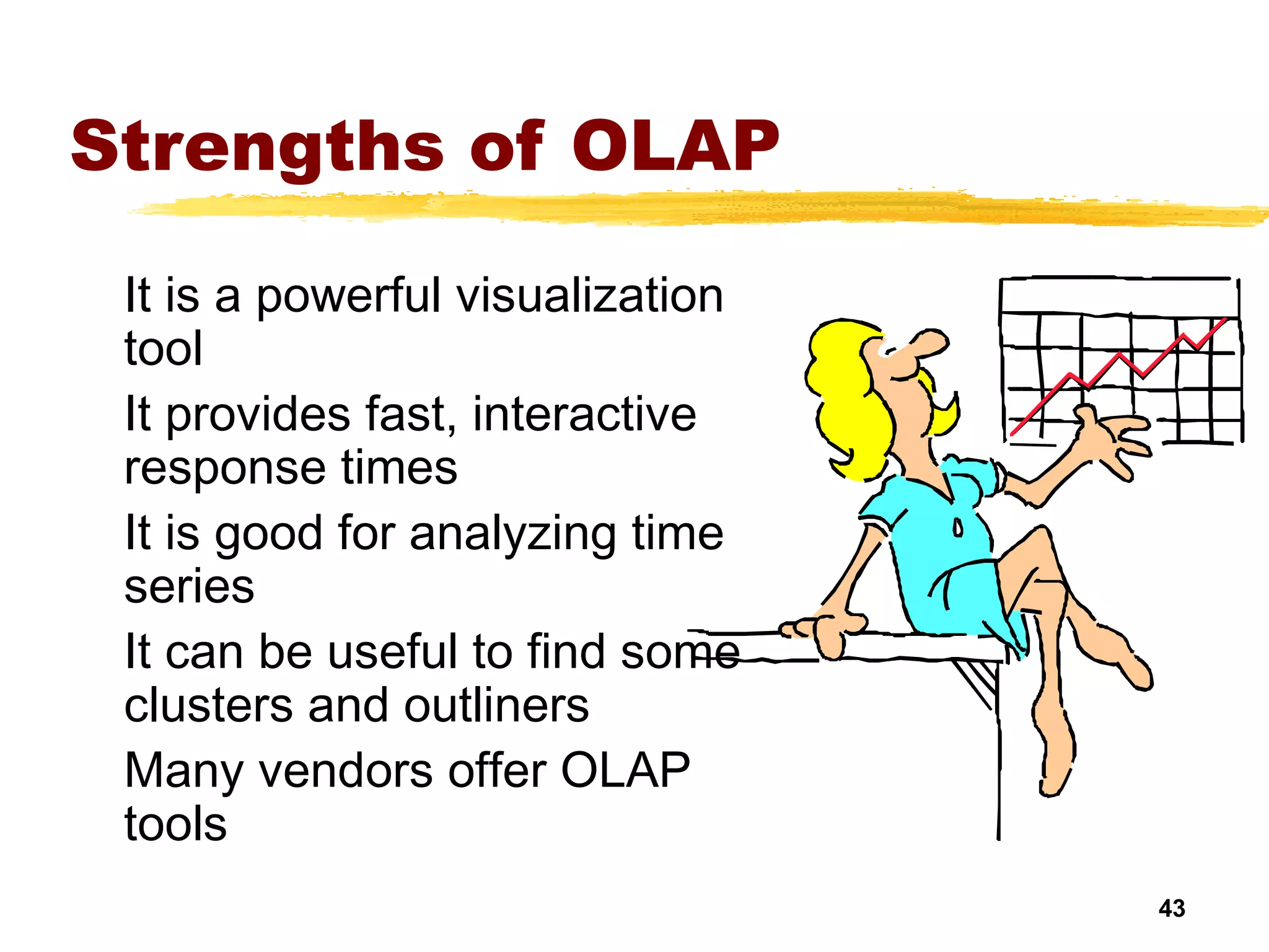 43
Strengths of OLAP
It is a powerful visualization
tool
It provides fast, interactive
response times
It is good for analyzing time
series
It can be useful to find some
clusters and outliners
Many vendors offer OLAP
tools
 