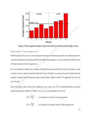 13
Figure 9. Bar graph of number of persons hired over the period of eight weeks.
Project Metric: Z-Score (Sigma score)
With the help of Z-score, we can measure the statistics of the hiring process. By calculating the Z-
score for hiring process before and after the improvement phase, we can evaluate the effectiveness
of improvement on the hiring process.
We can determine whether the number of people hired during first four weeks were below mean
or above mean or equal to mean through the Z-test. Similarly, we can use Z-score to determine the
number of people hired during the improvement phase. Refer to table 7 in appendix for more Z-
score details.
Since the target value to hire total employee every week was 120. Considering before and after
improvement phase, (Refer to Table 5 (a, b, c), we can calculate the Z-score.
𝑍 =
𝑋−𝑋̅
𝜎
- to calculate Z-score for entire population
𝑍 =
𝑋−𝑋̅
𝑆
- to calculate for sample (subset of the population)
 