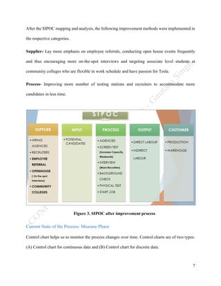 7
After the SIPOC mapping and analysis, the following improvement methods were implemented in
the respective categories.
Supplier- Lay more emphasis on employee referrals, conducting open house events frequently
and thus encouraging more on-the-spot interviews and targeting associate level students at
community colleges who are flexible in work schedule and have passion for Tesla.
Process- Improving more number of testing stations and recruiters to accommodate more
candidates in less time.
Figure 3. SIPOC after improvement process
Current State of the Process: Measure Phase
Control chart helps us to monitor the process changes over time. Control charts are of two types:
(A) Control chart for continuous data and (B) Control chart for discrete data.
 