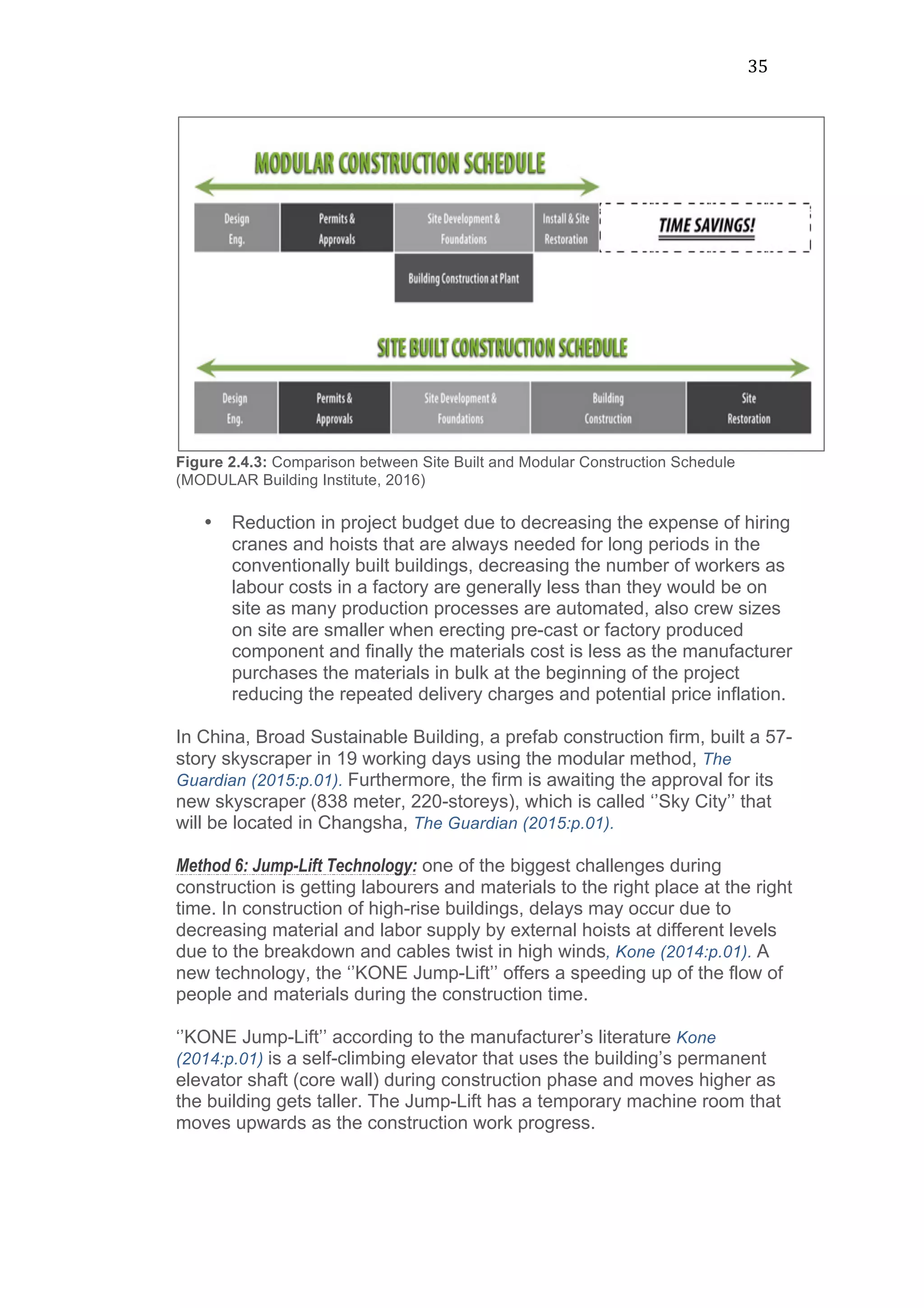 35	
  
Figure 2.4.3: Comparison between Site Built and Modular Construction Schedule
(MODULAR Building Institute, 2016)
• Reduction in project budget due to decreasing the expense of hiring
cranes and hoists that are always needed for long periods in the
conventionally built buildings, decreasing the number of workers as
labour costs in a factory are generally less than they would be on
site as many production processes are automated, also crew sizes
on site are smaller when erecting pre-cast or factory produced
component and finally the materials cost is less as the manufacturer
purchases the materials in bulk at the beginning of the project
reducing the repeated delivery charges and potential price inflation.
In China, Broad Sustainable Building, a prefab construction firm, built a 57-
story skyscraper in 19 working days using the modular method, The
Guardian (2015:p.01). Furthermore, the firm is awaiting the approval for its
new skyscraper (838 meter, 220-storeys), which is called ‘’Sky City’’ that
will be located in Changsha, The Guardian (2015:p.01).
Method 6: Jump-Lift Technology: one of the biggest challenges during
construction is getting labourers and materials to the right place at the right
time. In construction of high-rise buildings, delays may occur due to
decreasing material and labor supply by external hoists at different levels
due to the breakdown and cables twist in high winds, Kone (2014:p.01). A
new technology, the ‘’KONE Jump-Lift’’ offers a speeding up of the flow of
people and materials during the construction time.
‘’KONE Jump-Lift’’ according to the manufacturer’s literature Kone
(2014:p.01) is a self-climbing elevator that uses the building’s permanent
elevator shaft (core wall) during construction phase and moves higher as
the building gets taller. The Jump-Lift has a temporary machine room that
moves upwards as the construction work progress.
 