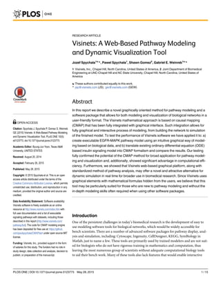 RESEARCH ARTICLE
Visinets: A Web-Based Pathway Modeling
and Dynamic Visualization Tool
Jozef Spychala1☯
*, Pawel Spychala1
, Shawn Gomez2
, Gabriel E. Weinreb1☯
*
1 Visinets, Inc., Chapel Hill, North Carolina, United States of America, 2 Joint Department of Biomedical
Engineering at UNC-Chapel Hill and NC State University, Chapel Hill, North Carolina, United States of
America
☯ These authors contributed equally to this work.
* jsp@visinets.com (JS); gw@visinets.com (GEW)
Abstract
In this report we describe a novel graphically oriented method for pathway modeling and a
software package that allows for both modeling and visualization of biological networks in a
user-friendly format. The Visinets mathematical approach is based on causal mapping
(CMAP) that has been fully integrated with graphical interface. Such integration allows for
fully graphical and interactive process of modeling, from building the network to simulation
of the finished model. To test the performance of Visinets software we have applied it to: a)
create executable EGFR-MAPK pathway model using an intuitive graphical way of model-
ing based on biological data, and b) translate existing ordinary differential equation (ODE)
based insulin signaling model into CMAP formalism and compare the results. Our testing
fully confirmed the potential of the CMAP method for broad application for pathway model-
ing and visualization and, additionally, showed significant advantage in computational effi-
ciency. Furthermore, we showed that Visinets web-based graphical platform, along with
standardized method of pathway analysis, may offer a novel and attractive alternative for
dynamic simulation in real time for broader use in biomedical research. Since Visinets uses
graphical elements with mathematical formulas hidden from the users, we believe that this
tool may be particularly suited for those who are new to pathway modeling and without the
in-depth modeling skills often required when using other software packages.
Introduction
One of the persistent challenges in today’s biomedical research is the development of easy to
use modeling software tools for biological networks, which would be widely accessible for
bench scientists. There are a number of advanced software packages for pathway display, anal-
ysis and simulation, including: Cytoscape, Ingenuity, CellDesigner, KEGG, SymBiology in
Matlab, just to name a few. These tools are primarily used by trained modelers and are not suit-
ed for biologists who do not have rigorous training in mathematics and computation, thus
leaving the most numerous group of scientists without adequate computational biology tools
to aid their bench work. Many of these tools also lack features that would enable interactive
PLOS ONE | DOI:10.1371/journal.pone.0123773 May 28, 2015 1 / 15
OPEN ACCESS
Citation: Spychala J, Spychala P, Gomez S, Weinreb
GE (2015) Visinets: A Web-Based Pathway Modeling
and Dynamic Visualization Tool. PLoS ONE 10(5):
e0123773. doi:10.1371/journal.pone.0123773
Academic Editor: Byung-Jun Yoon, Texas A&M
University, UNITED STATES
Received: August 20, 2014
Accepted: February 26, 2015
Published: May 28, 2015
Copyright: © 2015 Spychala et al. This is an open
access article distributed under the terms of the
Creative Commons Attribution License, which permits
unrestricted use, distribution, and reproduction in any
medium, provided the original author and source are
credited.
Data Availability Statement: Software availability:
Visinets software is freely available as an online
resource at http://www.visinets.com/index.htm with
full user documentation and a list of executable
signaling pathways with datasets, including those
described in this report (http://www.visinets.com/
pathway/list). The code for CMAP modeling engine
has been deposited for free use at: https://github.
com/paulspychala/CMAPdart under open source MIT
license.
Funding: Visinets, Inc., provided support in the form
of salaries for this study. The funders had no role in
study design, data collection and analysis, decision to
publish, or preparation of the manuscript.
 