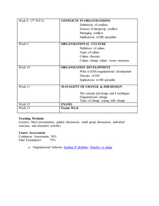 Week 8 (7th JULY) CONFLICTS IN ORGANISATIONS
Definitions of conflicts
Sources of intergroup conflicts
Managing conflicts
Implications of HR specialists
Week 9 ORGANIZATIONAL CULTURE
Definition of culture
Types of culture
Culture diversity
Culture change culture versus structures
Week 10 ORGANISATION DEVELOPMENT
What is (OD) organizational development
Theories of OD
Implications to HR specialist
Week 11 MANAGENT OF CHANGE & JOB DESIGN
The concept job design and it techniques
Organizational change
Types of change coping with change
Week 12 EXAMS
Week 13 Exams Week
Teaching Methods:
Lectures, Short presentations, guided discussions, small group discussions, individual
exercises, and structured activities
Course Assessment:
Continuous Assessments 30%
Final Examination 70%
a) Organizational behavior Stephen P. Robbins; Timothy A. Judge
 