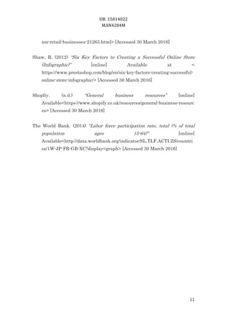 UB: 15014022
MAN4284M
11
ion-retail-businesses-21263.html> [Accessed 30 March 2016]
Shaw, B. (2012) “Six Key Factors to Creating a Successful Online Store
(Infographic)” [online] Available at <
https://www.prestashop.com/blog/en/six-key-factors-creating-successful-
online-store-infographic/> [Accessed 30 March 2016]
Shopfiy. (n.d.) “General business resources” [online]
Available<https://www.shopify.co.uk/resources/general-business-resourc
es> [Accessed 30 March 2016]
The World Bank. (2014) “Labor force participation rate, total (% of total
population ages 15-64)” [online]
Available<http://data.worldbank.org/indicator/SL.TLF.ACTI.ZS/countri
es/1W-JP-FR-GB-XC?display=graph> [Accessed 30 March 2016]
 