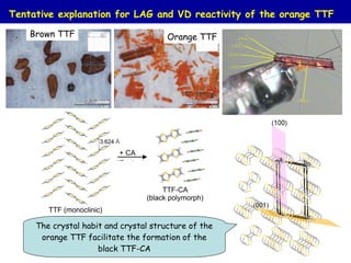 Tentative explanation for LAG and VD reactivity of the orange TTF
Brown TTF
The crystal habit and crystal structure of the
orange TTF facilitate the formation of the
black TTF-CA
Orange TTF
 