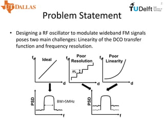 Problem Statement
• Designing a RF oscillator to modulate wideband FM signals
poses two main challenges: Linearity of the DCO transfer
function and frequency resolution.
2
f0
d
Δf0
f0
d
f0
d
PSD
f
PSD
f
Ideal
Poor
Resolution
Poor
Linearity
BW>5MHz
 