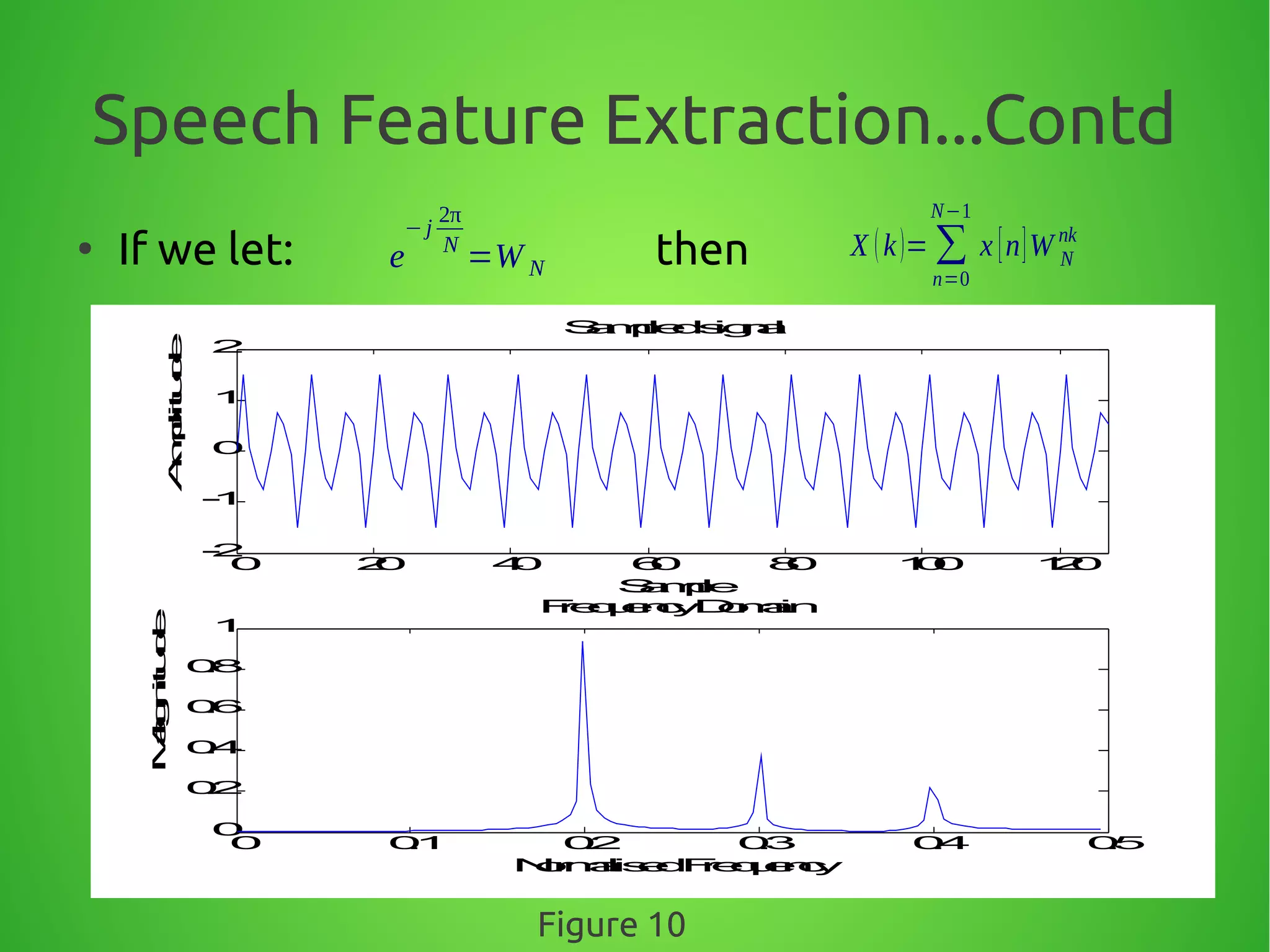 Speech Feature Extraction...Contd
●
If we let: thene
−j
2π
N
=W N
X (k)= ∑
n=0
N−1
x [n]W N
nk
0 20 40 60 80 100 120
-2
-1
0
1
2
Sampledsignal
Sample
Amplitude
0 0.1 0.2 0.3 0.4 0.5
0
0.2
0.4
0.6
0.8
1
FrequencyDomain
NormalisedFrequency
Magnitude
Figure 10
 