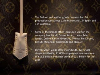 • The fashion and leather goods business had 14
production workshops 12 in France and 1 in Spain and
1 in California
• Some of the brands other than Louis Vuitton the
company has: Fendi, Donna Karan, Loewe, Marc
Jacobs, Celine, Kenzo, Givenchy, Thomas Pink, Pucci,
Berluti, Stefanobi, Rossimoda and eLuxury
• By year 2007, 2,048 stores worldwide, over 2000
stores worldwide, 71,000+ employees, sales revenue
of €16.5 billion and a net profit of €2.3 billion for the
year
 