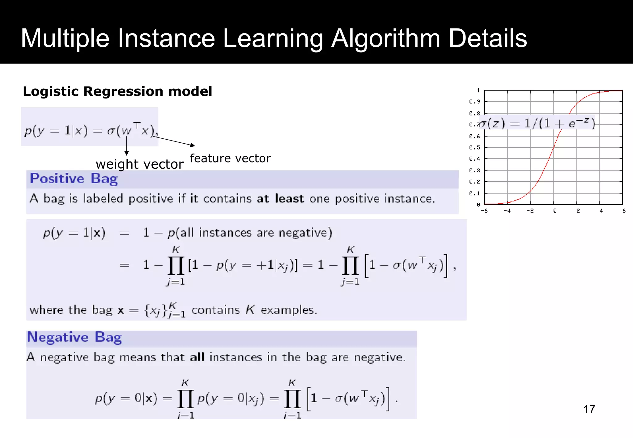 Multiple Instance Learning Algorithm Details
Logistic Regression model
feature vector
weight vector
17
 