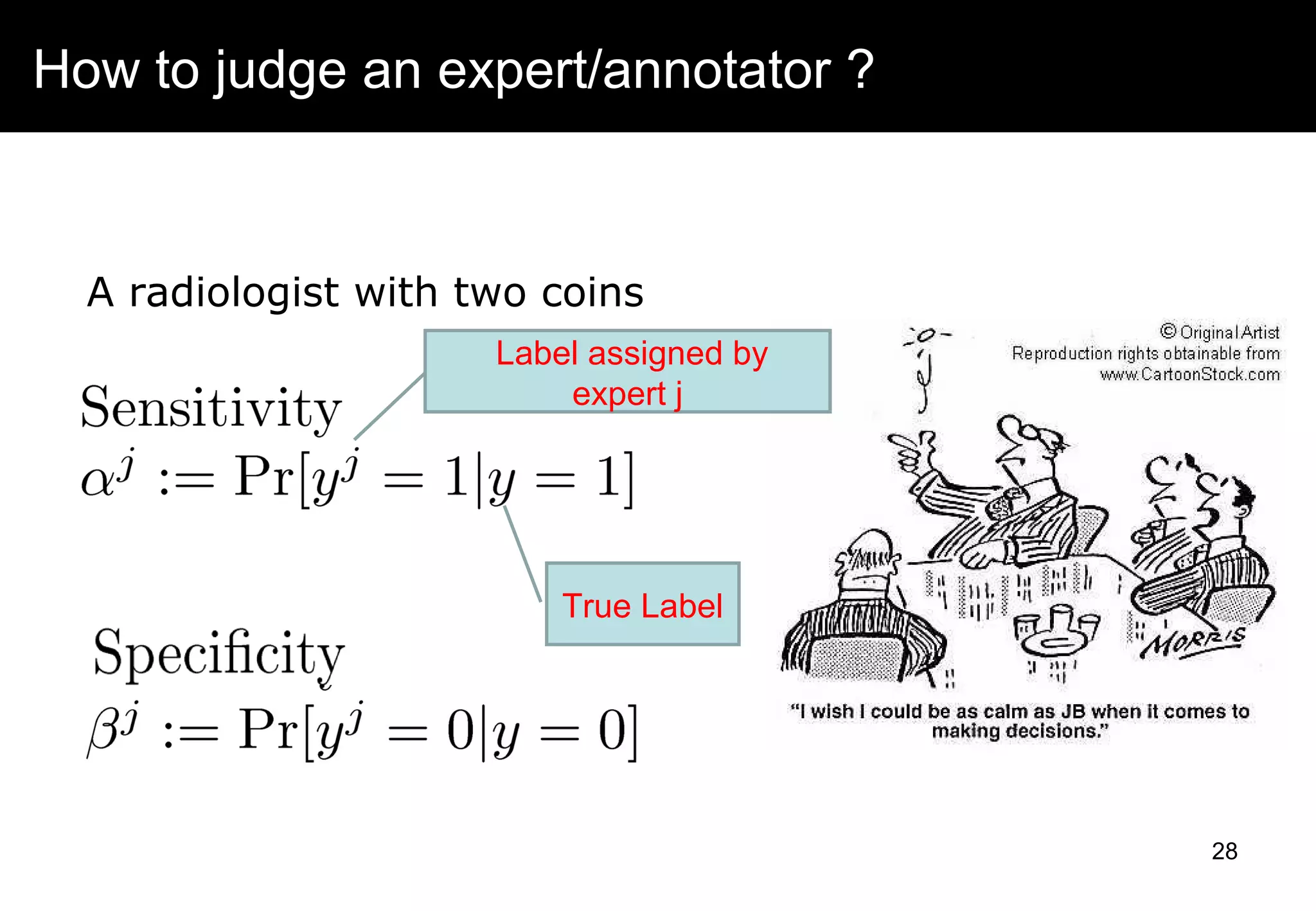 How to judge an expert/annotator ?
A radiologist with two coins
True Label
Label assigned by
expert j
28
 
