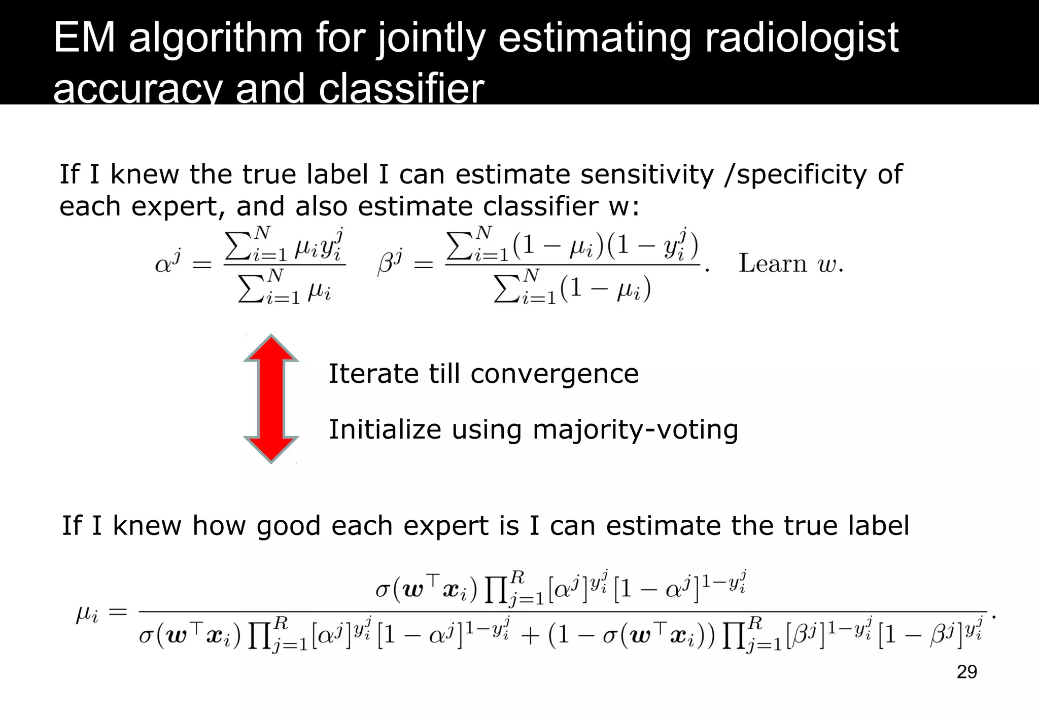EM algorithm for jointly estimating radiologist
accuracy and classifier
If I knew the true label I can estimate sensitivity /specificity of
each expert, and also estimate classifier w:
If I knew how good each expert is I can estimate the true label
Iterate till convergence
Initialize using majority-voting
29
 