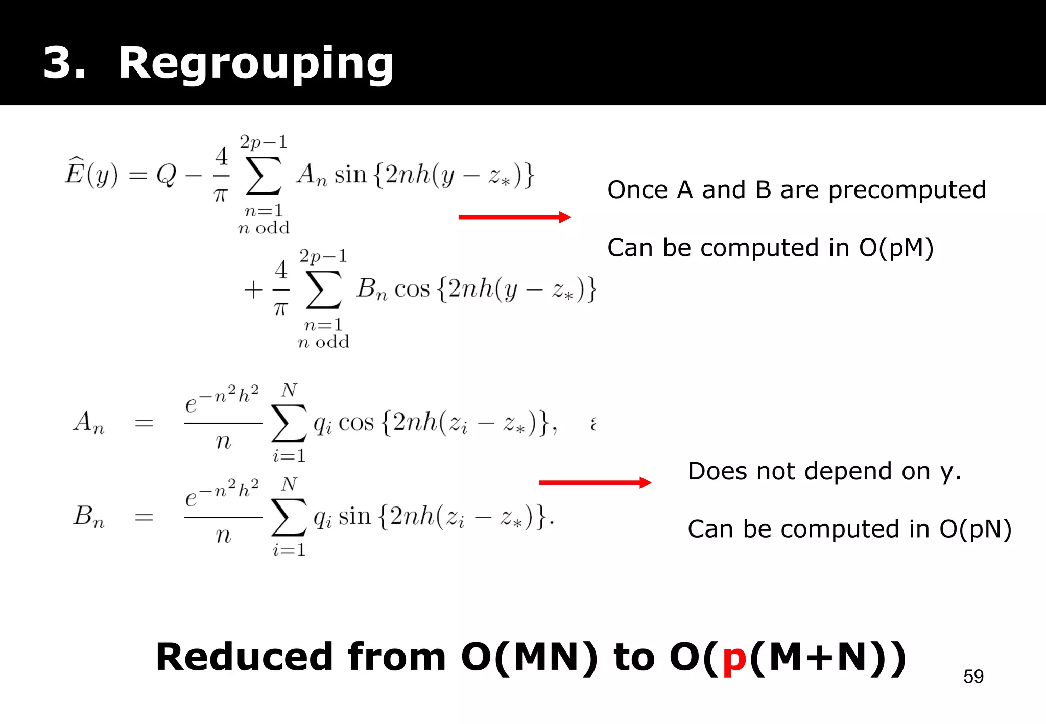 3. Regrouping
Does not depend on y.
Can be computed in O(pN)
Once A and B are precomputed
Can be computed in O(pM)
Reduced from O(MN) to O(p(M+N)) 59
 