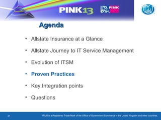 ITIL® is a Registered Trade Mark of the Office of Government Commerce in the United Kingdom and other countries.21
AgendaAgenda
• Allstate Insurance at a Glance
• Allstate Journey to IT Service Management
• Evolution of ITSM
• Proven Practices
• Key Integration points
• Questions
 