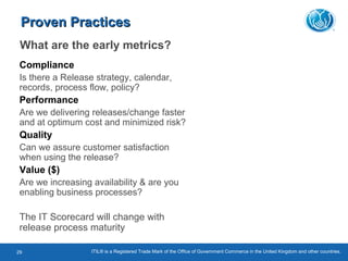 Compliance
Is there a Release strategy, calendar,
records, process flow, policy?
Performance
Are we delivering releases/change faster
and at optimum cost and minimized risk?
Quality
Can we assure customer satisfaction
when using the release?
Value ($)
Are we increasing availability & are you
enabling business processes?
The IT Scorecard will change with
release process maturity
What are the early metrics?
Proven PracticesProven Practices
ITIL® is a Registered Trade Mark of the Office of Government Commerce in the United Kingdom and other countries.29
 