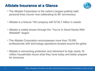 Allstate Insurance at a GlanceAllstate Insurance at a Glance
• The Allstate Corporation is the nation’s largest publicly held
personal lines insurer now celebrating its 80th
anniversary
• Allstate is a fortune 100 company with $132.7 billion in assets
• Allstate is widely known through the “You’re In Good Hands With
Allstate®” slogan
• The Allstate Corporation encompasses more than 70,000
professionals with technology operations located around the globe
• Allstate is reinventing protection and retirement to help nearly 16
million households insure what they have today and better prepare
for tomorrow
3 ITIL® is a Registered Trade Mark of the Office of Government Commerce in the United Kingdom and other countries.
 