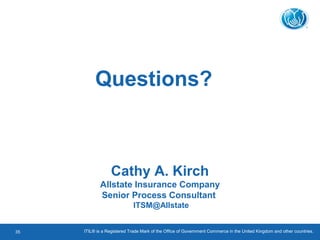 ITIL® is a Registered Trade Mark of the Office of Government Commerce in the United Kingdom and other countries.35
Cathy A. Kirch
Allstate Insurance Company
Senior Process Consultant
ITSM@Allstate
Questions?
 