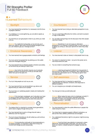 R2 Strengths Profiler
Full 60 Feedback
Learned Behaviours
17 Spotlight
You have learned that sometimes it is necessary to be the focus
of people’s attention.
In a meeting or in a social gathering, you are able to speak up
and hold the floor.
You find that you can get people to listen to you when you need
to do so.
Moderate You might find it exhausting, so try and only use it
when you need to. What other Communicating strengths could
you use instead to get your message across?
18 Emotional Awareness
You have learned how to gauge people’s emotions and feelings.
You try to sense how people feel, by picking up on the subtle
clues and messages they give.
You have learned how to interpret people’s emotions accurately,
so that what they are feeling is clear to you.
Moderate Use it when the situation requires you to evaluate
people’s emotions and where you know you will add value,
rather than just for the sake of it.
19 Service
You try to help people as much as you can.
You have learned that it can be beneficial to go above and
beyond what you need to do for people.
You try to focus on satisfying people’s needs and meeting their
requirements.
Moderate If this has been overplayed, use it only when you have
to, giving yourself a while to recover. You can still help others -
you probably just don’t need to go the extra mile every time.
20 Legacy
You believe that it is important to consider future generations
and to leave a legacy through what you do.
You have learned how to work on things that will make a
difference over the long term.
You try to ensure that what you do will outlast you and continue
to make a positive contribution.
Moderate To be productive continually for future generations is
not always possible, so remember to take time to enjoy the
moment and indulge yourself occasionally.
21 Counterpoint
You have learned how to bring an alternative perspective to any
situation.
You try to see things differently from others, and work to present
a range of alternatives.
You are able to bring things into the discussion that other people
may have missed.
Moderate Sometimes it is ok not to give an alternative
perspective if it is irrelevant or going off-topic, or if you feel like it
is always you doing so. Save your opinions for when they really
matter.
22 Listener
You have learned to take an interest in what people have to say.
You know it is important to listen - not just to the words, but to
how those words are used.
You try to listen to everything that someone says.
Moderate Listening and paying full attention for long periods of
time can be tiring. When this is necessary, take a step back and
just enjoy the conversation as it is. That way you get to have
your say as well!
23 Self-awareness
You have learned that it is important to spend time
understanding your behavior, emotions, and responses to
different situations.
You can recognise your strengths and weaknesses.
You have got to know yourself pretty well.
Moderate What makes this task a bit of a challenge currently? If
you have spent a lot of time doing it, dial back and enjoy
situations. If it feels a bit indulgent, know you will be more
engaged by doing it – and enjoy!
24 Personalisation
You have learned to notice the subtle differences in people that
make everyone unique.
You know how to recognise people’s different motivations, as
well as their likes, dislikes, preferences and strengths.
You understand that what is right for one person might be wrong
for another.
Moderate It can be tiring to pay attention to everyone’s unique
differences. Sometimes take a step back, and use this only
when you need to, instead trying just to engage naturally with
others.
11STRENGTHSSTRENGTHSSTRENGTHSSTRENGTHS EXPERT PROFILE //////// RATUL RIZVAN
 