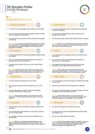 R2 Strengths Profiler
Full 60 Feedback
Learned Behaviours
25 Esteem Builder
You know how to build people’s self-confidence and self-belief.
You can see the potential and the possibility in others and help
them to recognise it for themselves.
You have learned to help others achieve what they are capable
of achieving.
Moderate Try to avoid being inauthentic by doing this only when
you really mean it. Have something meaningful to say as well,
for example, some specific feedback on the way the person
approached something.
26 Prevention
You have learned to think ahead and anticipate problems before
they happen.
You try to notice the little things that might be out of place or
going wrong, and then deal with them.
You know that by acting in this way, you can head off future
problems.
Moderate It might be hard to think about future issues when
there are enough problems today. Focus on the problems that
are more important, or those that align with your goals, as a
priority.
27 Adventure
You have learned to deal with risk or the untried.
You cope with experiences that are outside of your comfort
zone.
You know that putting yourself into new and challenging
situations will allow you to test yourself.
Moderate Take yourself outside of your comfort zone when
necessary in order to grow and reach your goals, not for the
sake of it.
28 Incubator
You know that it can be beneficial to ponder and reflect when
necessary.
You have learned to take moments out of your day so that you
can think things through.
You are able to allow time and space to be absorbed in your
own thoughts.
Moderate When you start feeling tired by thinking too much
about something, ask someone else for their opinion. They
might bring a different perspective and help you make decisions
quicker.
29 Adherence
You have learned how to focus on following a given approach
carefully and diligently.
You are able to follow guidelines, rules, instructions and
procedures to the letter.
You can stick closely to what needs to be done when necessary.
Moderate Balance out rule-following tasks with those that allow
you to think more creatively. Find more energising parts of the
day to tackle those procedures too!
30 Order
You have learned to be organised, both in your work and your
personal life.
You know that in order to be as effective as possible, it is
necessary to be well-organised.
You always know where things are and what to do when,
because you try to organise everything in advance.
Moderate Relax a little and know what needs to be well-
organised and what doesn’t – at work and at home. That way,
you can respond positively to last minute requests or plans.
31 Work Ethic 24/7
You have learned to work hard, putting a lot of effort and energy
into your work.
Experience has shown you that working hard is important.
You don’t mind working longer hours when necessary, but work
is probably not the thing for which you live.
Moderate Don’t beat yourself up, you are far from lazy!
Remember only to work longer hours when necessary. Don’t
forget that playing to your strengths is much less effort!
32 Gratitude
You try to remain aware of how fortunate you are.
You have learned to notice and appreciate the positive things
that happen to you.
You try not to take anything for granted.
Moderate Don’t feel you always need to be grateful for what you
have. Be authentic and allow yourself some moments to be
upset, or to feel free to express your displeasure about
something negative that happened to you.
12STRENGTHSSTRENGTHSSTRENGTHSSTRENGTHS EXPERT PROFILE //////// RATUL RIZVAN
 