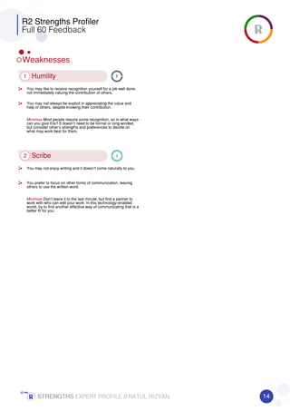 R2 Strengths Profiler
Full 60 Feedback
Weaknesses
1 Humility
You may like to receive recognition yourself for a job well done,
not immediately valuing the contribution of others.
You may not always be explicit in appreciating the value and
help of others, despite knowing their contribution.
Minimise Most people require some recognition, so in what ways
can you give this? It doesn’t need to be formal or long-winded,
but consider other’s strengths and preferences to decide on
what may work best for them.
2 Scribe
You may not enjoy writing and it doesn’t come naturally to you.
You prefer to focus on other forms of communication, leaving
others to use the written word.
Minimise Don’t leave it to the last minute, but find a partner to
work with who can edit your work. In this technology-enabled
world, try to find another effective way of communicating that is a
better fit for you.
14STRENGTHSSTRENGTHSSTRENGTHSSTRENGTHS EXPERT PROFILE //////// RATUL RIZVAN
 