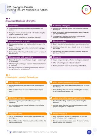 R2 Strengths Profiler
Putting the 4M Model into Action
Marshal Realised Strengths
Moderate Learned Behaviours
1
2
3
4
5
6
1
2
3
4
5
6
Understand your strengths in relation to your situation and
context.
Recognise what you love to do and do well. Use the strengths
for which you want to be known.
What results do you achieve by using these strengths?
Go deeper Combine strengths
Align strengths to goals Don’t overplay
Compensate with strengths Enhance
Stop using it Find a complementary partner
Re-focus your role Adopt strengths-based team working
Organise tasks Don’t overuse it
If a learned behaviour is really draining, can you simply stop
using it?
What would the impact be to you and others if you stopped
using it?
Combine your strengths by using them together to maximise
their impact.
What combinations have proved successful before? How can
you rely on them again?
There are many strengths combinations and dynamics
available. Choose the right one for you.
Find someone who would be energised by taking on the things
that drain you.
Swap the things that drain them for something that you enjoy,
to get the work done between you.
Be clear about what you want to achieve, both now and in the
future.
Reflect on which strengths will be most effective in helping you
achieve these goals.
Don’t just rely on 1 or 2 of your favourites - use the full range of
your strengths!
Can you re-organise your work so that you use it less
frequently?
Are there responsibilities you can delegate, or can you swap
tasks with others?
Do any strengths feel unsustainable in how you’re using them?
Watch out that you don’t take a strength too far for the situation
and context.
Dial strengths up or down according to the need, rather than
just your preference.
Re-allocate how things are done using a ‘team strengths’
approach.
Consider tasks, objectives and responsibilities according to
people’s strengths, not just their role.
Be specific about the areas where you struggle – use a strength
to compensate.
Which strengths can help you overcome that learned behaviour
or weakness?
You may not find a like-for-like match. Be creative – how can a
strength deliver the same outcome?
List out the activities you have to do this week. Highlight the
draining ones.
Sandwich the activities that drain you between the activities that
play to your strengths.
As you use your strengths, reflect on what is going really well.
What isn’t working so well and could be better?
Refine your actions based on your learning and feedback.
It’s in this quadrant because it’s lower energy for you – this
could be because you’re overplaying it.
Can you re-energise these tasks, or use the learned behaviour
less, to improve your motivation?
16STRENGTHSSTRENGTHSSTRENGTHSSTRENGTHS EXPERT PROFILE //////// RATUL RIZVAN
 