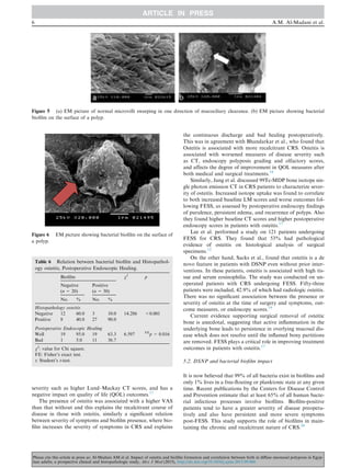 severity such as higher Lund–Mackay CT scores, and has a
negative impact on quality of life (QOL) outcomes.17
The presence of osteitis was associated with a higher VAS
than that without and this explains the recalcitrant course of
disease in those with osteitis, similarly a signiﬁcant relation
between severity of symptoms and bioﬁlm presence, where bio-
ﬁlm increases the severity of symptoms in CRS and explains
the continuous discharge and bad healing postoperatively.
This was in agreement with Bhandarkar et al., who found that
Osteitis is associated with more recalcitrant CRS. Osteitis is
associated with worsened measures of disease severity such
as CT, endoscopy polyposis grading and olfactory scores,
and affects the degree of improvement in QOL measures after
both medical and surgical treatments.18
Similarly, Jang et al. discussed 99Tc-MDP bone isotope sin-
gle photon emission CT in CRS patients to characterize sever-
ity of osteitis. Increased isotope uptake was found to correlate
to both increased baseline LM scores and worse outcomes fol-
lowing FESS, as assessed by postoperative endoscopy ﬁndings
of purulence, persistent edema, and recurrence of polyps. Also
they found higher baseline CT scores and higher postoperative
endoscopy scores in patients with osteitis.17
Lee et al. performed a study on 121 patients undergoing
FESS for CRS. They found that 53% had pathological
evidence of osteitis on histological analysis of surgical
specimens.12
On the other hand, Sacks et al., found that osteitis is a de
novo feature in patients with DSNP even without prior inter-
ventions. In these patients, osteitis is associated with high tis-
sue and serum eosinophilia. The study was conducted on un-
operated patients with CRS undergoing FESS. Fifty-three
patients were included, 42.9% of which had radiologic osteitis.
There was no signiﬁcant association between the presence or
severity of osteitis at the time of surgery and symptoms, out-
come measures, or endoscopy scores.19
Current evidence supporting surgical removal of osteitic
bone is anecdotal, suggesting that active inﬂammation in the
underlying bone leads to persistence in overlying mucosal dis-
ease which does not resolve until the inﬂamed bony partitions
are removed. FESS plays a critical role in improving treatment
outcomes in patients with osteitis.17
5.2. DSNP and bacterial bioﬁlm impact
It is now believed that 99% of all bacteria exist in bioﬁlms and
only 1% lives in a free-ﬂoating or planktonic state at any given
time. Recent publications by the Centers for Disease Control
and Prevention estimate that at least 65% of all human bacte-
rial infectious processes involve bioﬁlms. Bioﬁlm-positive
patients tend to have a greater severity of disease preopera-
tively and also have persistent and more severe symptoms
post-FESS. This study supports the role of bioﬁlms in main-
taining the chronic and recalcitrant nature of CRS.20
Figure 5 (a) EM picture of normal microvilli sweeping in one direction of mucociliary clearance. (b) EM picture showing bacterial
bioﬁlm on the surface of a polyp.
Table 6 Relation between bacterial bioﬁlm and Histopathol-
ogy osteitis, Postoperative Endoscopic Healing.
Bioﬁlm v2
p
Negative
(n = 20)
Positive
(n = 30)
No. % No. %
Histopathology osteitis
Negative 12 60.0 3 10.0 14.286 <0.001
Positive 8 40.0 27 90.0
Postoperative Endoscopic Healing
Well 19 95.0 19 63.3 6.597 FE
p = 0.016
Bad 1 5.0 11 36.7
v2
: value for Chi square.
FE: Fisher’s exact test.
t: Student’s t-test.
Figure 6 EM picture showing bacterial bioﬁlm on the surface of
a polyp.
6 A.M. Al-Madani et al.
Please cite this article in press as: Al-Madani AM et al. Impact of osteitis and bioﬁlm formation and correlation between both in diﬀuse sinonasal polyposis in Egyp-
tian adults; a prospective clinical and histopathologic study, Alex J Med (2015), http://dx.doi.org/10.1016/j.ajme.2015.09.006
 