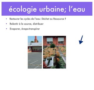 écologie urbaine; l’eau
• Ralentir à la source, distribuer
• Restaurer les cycles de l’eau: Déchet ou Ressource ?
• Evaporer, évapo-transpirer
 