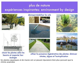 plus de nature
expériences inspirantes: environment by design
désimperméabiliser les sols
choisir les plantes selon les
besoins et respecter leur
écologie
utiliser la puissance régénératrice des plantes: diminuer
nitrates, algues et l’eutrophication
les plantes aquatiques et de marais ont un pouvoir épuratoire bien plus puissant que la
chimie anaérobie
 