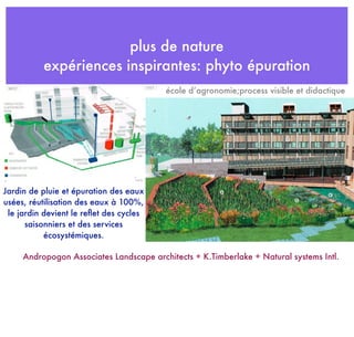 plus de nature
expériences inspirantes: phyto épuration
Andropogon Associates Landscape architects + K.Timberlake + Natural systems Intl.
Jardin de pluie et épuration des eaux
usées, réutilisation des eaux à 100%,
le jardin devient le reﬂet des cycles
saisonniers et des services
écosystémiques.
école d’agronomie;process visible et didactique
 