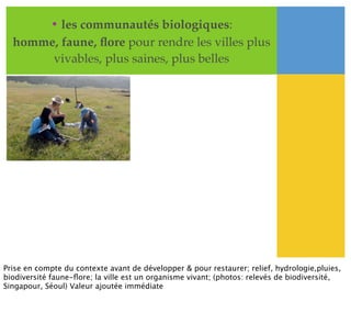 • les communautés biologiques:
homme, faune, ﬂore pour rendre les villes plus
vivables, plus saines, plus belles
Prise en compte du contexte avant de développer & pour restaurer; relief, hydrologie,pluies,
biodiversité faune-ﬂore; la ville est un organisme vivant; (photos: relevés de biodiversité,
Singapour, Séoul) Valeur ajoutée immédiate
 