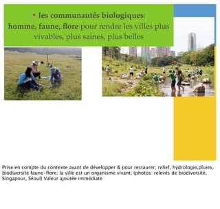 • les communautés biologiques:
homme, faune, ﬂore pour rendre les villes plus
vivables, plus saines, plus belles
Prise en compte du contexte avant de développer & pour restaurer; relief, hydrologie,pluies,
biodiversité faune-ﬂore; la ville est un organisme vivant; (photos: relevés de biodiversité,
Singapour, Séoul) Valeur ajoutée immédiate
 