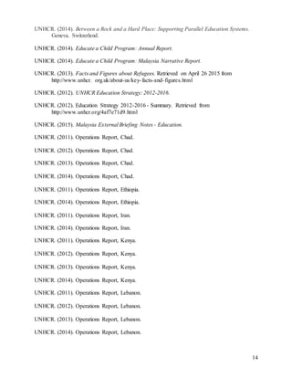 14
UNHCR. (2014). Between a Rock and a Hard Place: Supporting Parallel Education Systems.
Geneva, Switzerland.
UNHCR. (2014). Educate a Child Program: Annual Report.
UNHCR. (2014). Educate a Child Program: Malaysia Narrative Report.
UNHCR. (2013). Facts and Figures about Refugees. Retrieved on April 26 2015 from
http://www.unhcr. org.uk/about-us/key-facts-and-figures.html
UNHCR. (2012). UNHCR Education Strategy: 2012-2016.
UNHCR. (2012). Education Strategy 2012-2016 - Summary. Retrieved from
http://www.unhcr.org/4af7e71d9.html
UNHCR. (2015). Malaysia External Briefing Notes - Education.
UNHCR. (2011). Operations Report, Chad.
UNHCR. (2012). Operations Report, Chad.
UNHCR. (2013). Operations Report, Chad.
UNHCR. (2014). Operations Report, Chad.
UNHCR. (2011). Operations Report, Ethiopia.
UNHCR. (2014). Operations Report, Ethiopia.
UNHCR. (2011). Operations Report, Iran.
UNHCR. (2014). Operations Report, Iran.
UNHCR. (2011). Operations Report, Kenya.
UNHCR. (2012). Operations Report, Kenya.
UNHCR. (2013). Operations Report, Kenya.
UNHCR. (2014). Operations Report, Kenya.
UNHCR. (2011). Operations Report, Lebanon.
UNHCR. (2012). Operations Report, Lebanon.
UNHCR. (2013). Operations Report, Lebanon.
UNHCR. (2014). Operations Report, Lebanon.
 