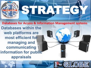 Databases for Access & Information Management systems
Databases within the
web platforms are
most efficient for
managing and
communicating
information for public
appraisals
STRATEGY
 