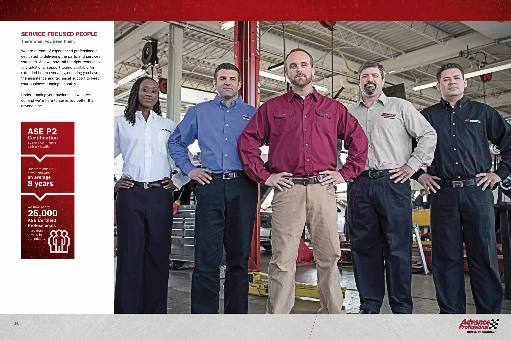 16
SERVICE FOCUSED PEOPLE
There when you need them.
We are a team of experienced professionals
dedicated to delivering the parts and services
you need. And we have all the right resources
and additional support teams available for
extended hours every day, ensuring you have
the assistance and technical support to keep
your business running smoothly.
Understanding your business is what we
do, and we’re here to serve you better than
anyone else.
ASE P2
Certification
at every commercial
delivery location
Our store leaders
have been with us
on average
8 years
We have nearly
25,000
ASE Certified
Professionals
more than
anyone in
the industry
 