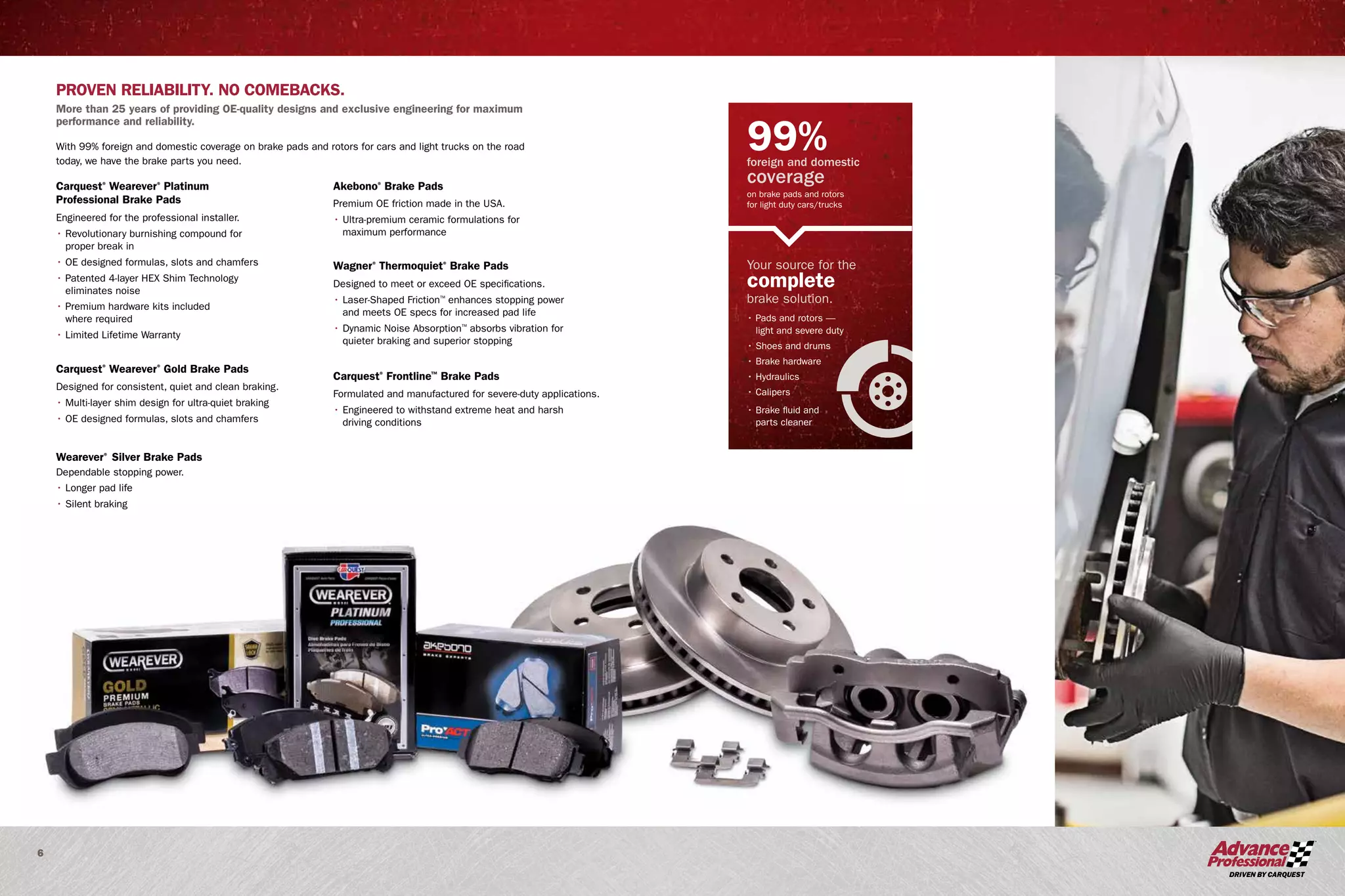6
PROVEN RELIABILITY. NO COMEBACKS.
More than 25 years of providing OE-quality designs and exclusive engineering for maximum
performance and reliability.
With 99% foreign and domestic coverage on brake pads and rotors for cars and light trucks on the road
today, we have the brake parts you need.
Akebono®
Brake Pads
Premium OE friction made in the USA.
• Ultra-premium ceramic formulations for
maximum performance
Wagner®
Thermoquiet®
Brake Pads
Designed to meet or exceed OE specifications.
• Laser-Shaped Friction™
enhances stopping power
and meets OE specs for increased pad life
• Dynamic Noise Absorption™
absorbs vibration for
quieter braking and superior stopping
Carquest®
Frontline™
Brake Pads
Formulated and manufactured for severe-duty applications.
• Engineered to withstand extreme heat and harsh
driving conditions
• Pads and rotors —
light and severe duty
• Shoes and drums
• Brake hardware
• Hydraulics
• Calipers
• Brake fluid and
parts cleaner
Your source for the
complete
brake solution.
on brake pads and rotors
for light duty cars/trucks
99%
coverage
foreign and domestic
Carquest®
Wearever®
Platinum
Professional Brake Pads
Engineered for the professional installer.
• Revolutionary burnishing compound for
proper break in
• OE designed formulas, slots and chamfers
• Patented 4-layer HEX Shim Technology
eliminates noise
• Premium hardware kits included
where required
• Limited Lifetime Warranty
Carquest®
Wearever®
Gold Brake Pads
Designed for consistent, quiet and clean braking.
• Multi-layer shim design for ultra-quiet braking
• OE designed formulas, slots and chamfers
Wearever®
Silver Brake Pads
Dependable stopping power.
• Longer pad life
• Silent braking
 