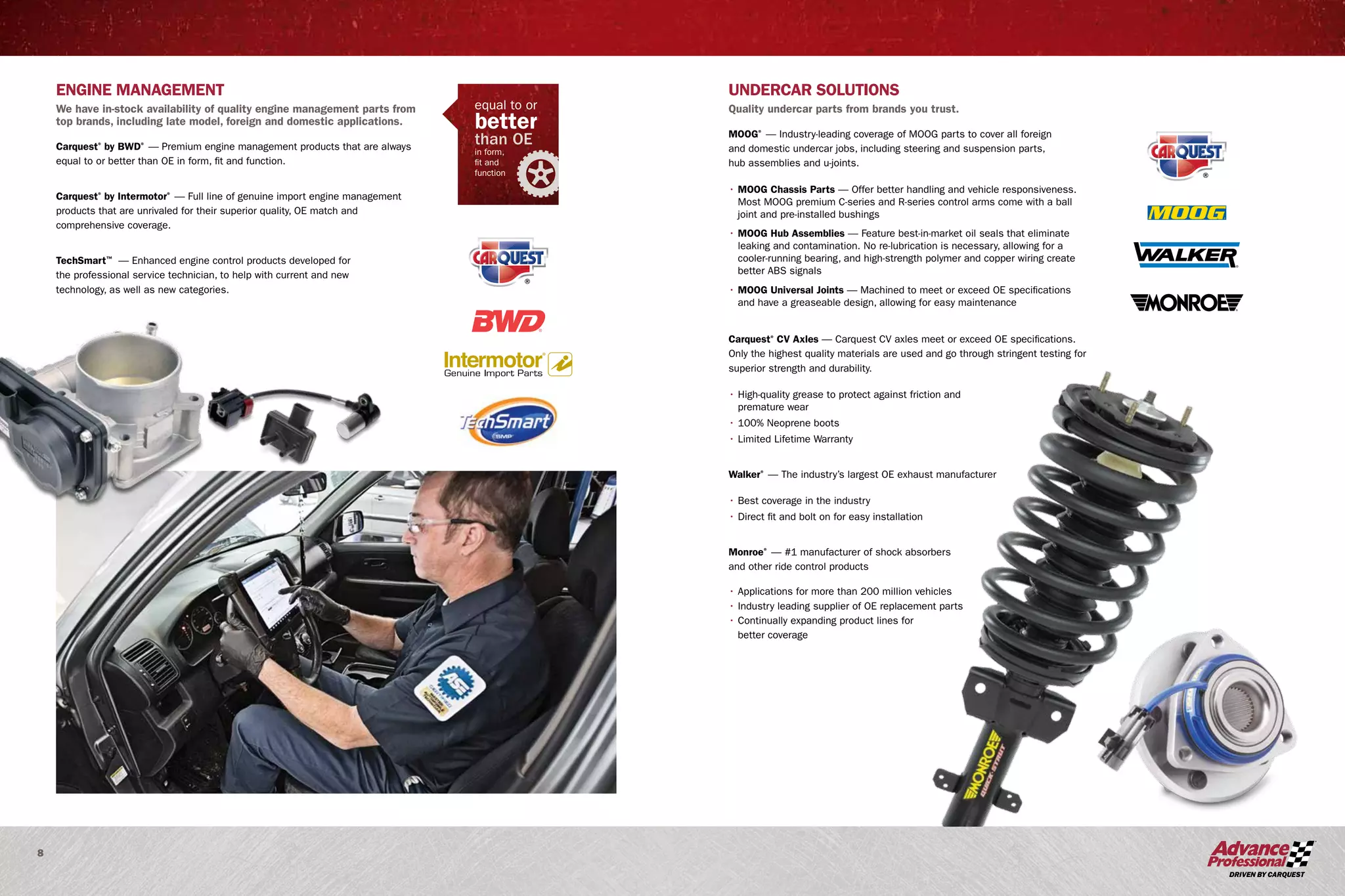 8
UNDERCAR SOLUTIONS
Quality undercar parts from brands you trust.
MOOG®
— Industry-leading coverage of MOOG parts to cover all foreign
and domestic undercar jobs, including steering and suspension parts,
hub assemblies and u-joints.
• MOOG Chassis Parts — Offer better handling and vehicle responsiveness.
Most MOOG premium C-series and R-series control arms come with a ball
joint and pre-installed bushings
• MOOG Hub Assemblies — Feature best-in-market oil seals that eliminate
leaking and contamination. No re-lubrication is necessary, allowing for a
cooler-running bearing, and high-strength polymer and copper wiring create
better ABS signals
• MOOG Universal Joints — Machined to meet or exceed OE specifications
and have a greaseable design, allowing for easy maintenance
Carquest®
CV Axles — Carquest CV axles meet or exceed OE specifications.
Only the highest quality materials are used and go through stringent testing for
superior strength and durability.
• High-quality grease to protect against friction and
premature wear
• 100% Neoprene boots
• Limited Lifetime Warranty
Walker®
— The industry’s largest OE exhaust manufacturer
• Best coverage in the industry
• Direct fit and bolt on for easy installation
Monroe®
— #1 manufacturer of shock absorbers
and other ride control products
• Applications for more than 200 million vehicles
• Industry leading supplier of OE replacement parts
• Continually expanding product lines for
better coverage
ENGINE MANAGEMENT
We have in-stock availability of quality engine management parts from
top brands, including late model, foreign and domestic applications.
Carquest®
by BWD®
— Premium engine management products that are always
equal to or better than OE in form, fit and function.
Carquest®
by Intermotor®
— Full line of genuine import engine management
products that are unrivaled for their superior quality, OE match and
comprehensive coverage.
TechSmart™
— Enhanced engine control products developed for
the professional service technician, to help with current and new
technology, as well as new categories.
than OE
equal to or
better
in form,
fit and
function
 