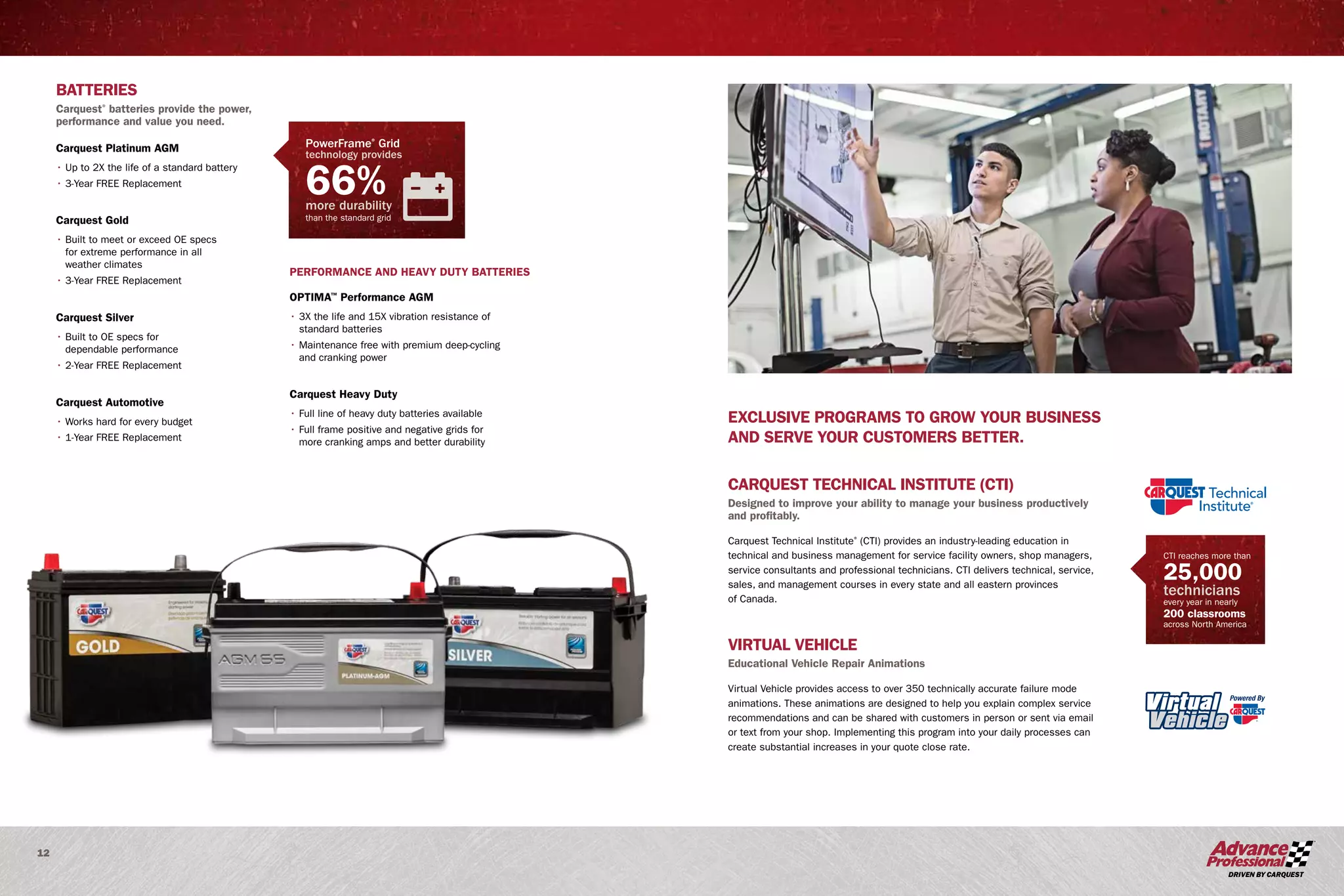 12
BATTERIES
Carquest®
batteries provide the power,
performance and value you need.
Carquest Platinum AGM
• Up to 2X the life of a standard battery
• 3-Year FREE Replacement
Carquest Gold
• Built to meet or exceed OE specs
for extreme performance in all
weather climates
• 3-Year FREE Replacement
Carquest Silver
• Built to OE specs for
dependable performance
• 2-Year FREE Replacement
Carquest Automotive
• Works hard for every budget
• 1-Year FREE Replacement
CARQUEST TECHNICAL INSTITUTE (CTI)
Designed to improve your ability to manage your business productively
and profitably.
Carquest Technical Institute®
(CTI) provides an industry-leading education in
technical and business management for service facility owners, shop managers,
service consultants and professional technicians. CTI delivers technical, service,
sales, and management courses in every state and all eastern provinces
of Canada.
VIRTUAL VEHICLE
Educational Vehicle Repair Animations
Virtual Vehicle provides access to over 350 technically accurate failure mode
animations. These animations are designed to help you explain complex service
recommendations and can be shared with customers in person or sent via email
or text from your shop. Implementing this program into your daily processes can
create substantial increases in your quote close rate.
EXCLUSIVE PROGRAMS TO GROW YOUR BUSINESS
AND SERVE YOUR CUSTOMERS BETTER.
PERFORMANCE AND HEAVY DUTY BATTERIES
OPTIMA™
Performance AGM
• 3X the life and 15X vibration resistance of
standard batteries
• Maintenance free with premium deep-cycling
and cranking power
Carquest Heavy Duty
• Full line of heavy duty batteries available
• Full frame positive and negative grids for
more cranking amps and better durability
CTI reaches more than
25,000
technicians
every year in nearly
200 classrooms
across North America
PowerFrame®
Grid
technology provides
66%
than the standard grid
more durability
 