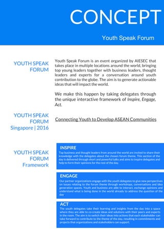 Youth Speak Forum
Youth Speak Forum is an event organized by AIESEC that
takes place in multiple locations around the world, bringing
top young leaders together with business leaders, thought
leaders and experts for a conversation around youth
contribution to the globe. The aim is to generate actionable
ideas that will impact the world.
We make this happen by taking delegates through
the unique interactive framework of Inspire, Engage,
Act.
YOUTH SPEAK
FORUM
YOUTH SPEAK
FORUM
Singapore | 2016
YOUTH SPEAK
FORUM
Framework
Connecting Youth to Develop ASEAN Communities
Top business and thought leaders from around the world are invited to share their
knowledge with the delegates about the chosen forum theme. This section of the
day is delivered through short and powerful talks and aims to inspire delegates and
help to form their opinions for the rest of the day.
ACT
Our partner organizations engage with the youth delegates to give new perspectives
on issues relating to the forum theme through workshops, conversations and idea
generation spaces. Youth and business are able to interact, exchange opinions and
understand what is being done in the world already to address the question of the
day.
INSPIRE
The youth delegates take their learning and insights from the day into a space
where they are able to co-create ideas and solutions with their peers and experts
in the room. The aim is to switch their ideas into actions that each stakeholder can
take forward to contribute to the theme of the day, resulting in commitments and
projects that organizations and stakeholders can support.
ACT
CONCEPT
ENGAGE
 