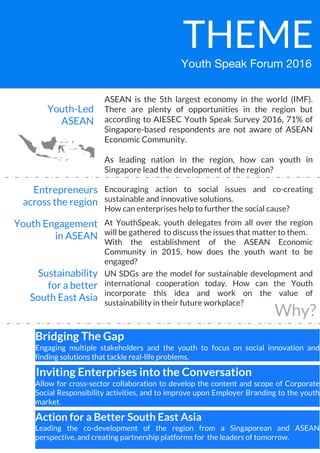 Youth Speak Forum 2016
Youth-Led
ASEAN
THEME
ASEAN is the 5th largest economy in the world (IMF).
There are plenty of opportunities in the region but
according to AIESEC Youth Speak Survey 2016, 71% of
Singapore-based respondents are not aware of ASEAN
Economic Community.
As leading nation in the region, how can youth in
Singapore lead the development of the region?
Why?
Bridging The Gap
Engaging multiple stakeholders and the youth to focus on social innovation and
finding solutions that tackle real-life problems.
fInviting Enterprises into the Conversation
Allow for cross-sector collaboration to develop the content and scope of Corporate
Social Responsibility activities, and to improve upon Employer Branding to the youth
market.
Action for a Better South East Asia
Leading the co-development of the region from a Singaporean and ASEAN
perspective, and creating partnership platforms for the leaders of tomorrow.
Entrepreneurs
across the region
Sustainability
for a better
South East Asia
Youth Engagement
in ASEAN
Encouraging action to social issues and co-creating
sustainable and innovative solutions.
How can enterprises help to further the social cause?
At YouthSpeak, youth delegates from all over the region
will be gathered to discuss the issues that matter to them.
With the establishment of the ASEAN Economic
Community in 2015, how does the youth want to be
engaged?
UN SDGs are the model for sustainable development and
international cooperation today. How can the Youth
incorporate this idea and work on the value of
sustainability in their future workplace?
 