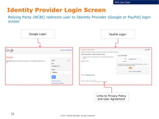 © 2011 Karthik Ethirajan, all rights reserved
33
Identity Provider Login Screen
Relying Party (NCBI) redirects user to Identity Provider (Google or PayPal) login
screen
NIH Use Case
PayPal LoginGoogle Login
Links to Privacy Policy
and User Agreement
 