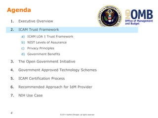 © 2011 Karthik Ethirajan, all rights reserved
4
Agenda
1. Executive Overview
2. ICAM Trust Framework
a) ICAM LOA 1 Trust Framework
b) NIST Levels of Assurance
c) Privacy Principles
d) Government Benefits
3. The Open Government Initiative
4. Government Approved Technology Schemes
5. ICAM Certification Process
6. Recommended Approach for IdM Provider
7. NIH Use Case
 