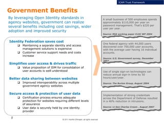 © 2011 Karthik Ethirajan, all rights reserved
8
Government Benefits
Identity Federation saves cost
 Maintaining a separate identity and access
management solutions is expensive
 Customer service support needs and costs
increase
Simplifies user access & drives traffic
 Value proposition of IDM for consolidation of
user accounts is well understood
Better data sharing between websites
 Improved interoperability across multiple
government agency websites
Secure access & protection of user data
 Certification process ensures adequate
protection for websites requiring different levels
of assurance
 User data is securely held by one identity
provider
A small business of 500 employees spends
approximately $110,000 per year on
password management. That’s $220 per
user per year.
Source: RSA working paper CLHC WP 2004
One federal agency with 44,000 users
discovered over 700,000 user accounts,
with the average user having 16 individual
accounts.
Source: U.S. Government survey, December
2007
Use of single sign-on technologies can
reduce annual sign-in time by 50
hours/user/year.
Source: The Burton Group, August 2004
Implementation of strong credentials
across the Department of Defense resulted
in a 46% reduction in intrusions.
Source: Lt Gen Charles Croom , August 2007
ICAM Trust Framework
By leveraging Open Identity standards in
agency websites, government can realize
several benefits including cost savings, wider
adoption and improved security
 