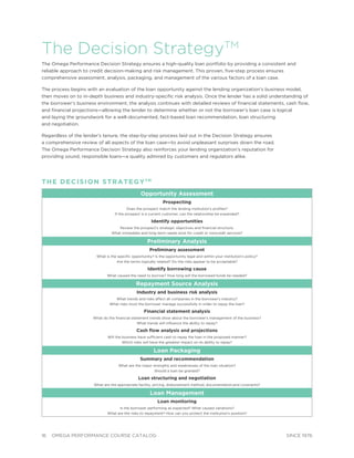 16 OMEGA PERFORMANCE COURSE CATALOG SINCE 1976
The Decision StrategyTM
The Omega Performance Decision Strategy ensures a high-quality loan portfolio by providing a consistent and
reliable approach to credit decision-making and risk management. This proven, ﬁve-step process ensures
comprehensive assessment, analysis, packaging, and management of the various factors of a loan case.
The process begins with an evaluation of the loan opportunity against the lending organization’s business model,
then moves on to in-depth business and industry-speciﬁc risk analysis. Once the lender has a solid understanding of
the borrower’s business environment, the analysis continues with detailed reviews of ﬁnancial statements, cash ﬂow,
and ﬁnancial projections—allowing the lender to determine whether or not the borrower’s loan case is logical
and laying the groundwork for a well-documented, fact-based loan recommendation, loan structuring
and negotiation.
Regardless of the lender’s tenure, the step-by-step process laid out in the Decision Strategy ensures
a comprehensive review of all aspects of the loan case—to avoid unpleasant surprises down the road.
The Omega Performance Decision Strategy also reinforces your lending organization’s reputation for
providing sound, responsible loans—a quality admired by customers and regulators alike.
THE DECISION STRATEGYTM
Opportunity Assessment
Prospecting
Does the prospect match the lending institution’s proﬁles?
If the prospect is a current customer, can the relationship be expanded?
Identify opportunities
Review the prospect’s strategic objectives and ﬁnancial structure.
What immediate and long-term needs exist for credit or noncredit services?
Preliminary Analysis
Preliminary assessment
What is the speciﬁc opportunity? Is the opportunity legal and within your institution’s policy?
Are the terms logically related? Do the risks appear to be acceptable?
Identify borrowing cause
What caused the need to borrow? How long will the borrowed funds be needed?
Repayment Source Analysis
Industry and business risk analysis
What trends and risks affect all companies in the borrower’s industry?
What risks must the borrower manage successfully in order to repay the loan?
Financial statement analysis
What do the ﬁnancial statement trends show about the borrower’s management of the business?
What trends will inﬂuence the ability to repay?
Cash ﬂow analysis and projections
Will the business have sufﬁcient cash to repay the loan in the proposed manner?
Which risks will have the greatest impact on its ability to repay?
Loan Packaging
Summary and recommendation
What are the major strengths and weaknesses of the loan situation?
Should a loan be granted?
Loan structuring and negotiation
What are the appropriate facility, pricing, disbursement method, documentation,and covenants?
Loan Management
Loan monitoring
Is the borrower performing as expected? What caused variations?
What are the risks to repayment? How can you protect the institution’s position?
 