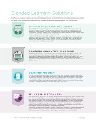 4 OMEGA PERFORMANCE COURSE CATALOG SINCE 1976
Blended Learning Solutions
Omega Performance’s self-paced e-learning and facilitator-led formats build foundational and advanced credit and conversation
skills, improve judgment, and promote skill reinforcement through one-on-one coaching. Developed by a team of credit experts
and skilled instructional designers, our courses help thousands of banking professionals elevate their value each year.
SELF-PACED E-LEARNING COURSES
Omega Performance’s e-learning courses, accessible online at any time, are developed to
be highly interactive—maintaining high learner interest that enhances understanding and
application of the material. Concepts are presented in conjunction with related deﬁnitions,
explanations, formulas, and real-world examples to ensure that individuals of all learning styles
ﬁnd the subject matter accessible and user-friendly.
In addition to the core content, Omega Performance’s e-learning courses include: modular
pre-tests; multimedia animations; on-demand resources including relevant articles, job aids,
worksheets, and glossaries; “E-mail a Mentor” support for our credit skills courses to assist
learners with difﬁcult credit concepts; “Check Your Understanding” quizzes that reinforce
learning; and post-tests that gauge results.
SKILLS APPLICATION LABS
Skills Application Labs (SALs) are dynamic, facilitator-led training events where students learn
from each other’s backgrounds, knowledge, and experiences and become partners in learning.
Built around real-world case studies that describe challenging business scenarios, attendees
must make a number of critical business decisions—at times without 100% of the information
available. The facilitator’s role is not to lecture or provide information for memorization, but
rather to serve as a guide to empower the teams to ask the right questions so that proper
analysis and decision-making can occur. Instant Polling technology enables each attendee to
participate in live, real-time feedback using handheld devices.
This format provides for an engaging, diverse, collaborative experience that immerses learners
in real-world loan cases, resulting in enhanced comprehension. Prerequisites for attending a
SAL include passing the companion e-learning course with a score of at least 80%.
COACHING PROGRAM
Internal training reinforcement and sustainment is a critical component to maximize return
on training investment. The Omega Performance Coaching program empowers your internal
coaches and managers to increase valuable knowledge transfer, reinforce and sustain skills,
and strengthen organizational culture. Delivered through a mix of e-learning courses and
Skills Application Labs, coaching courses include: Credit Coaching and Mentoring, Scorecard
Coaching, Customer Experience Coaching, and Coach the Coach.
TRAINING ANALYTICS PLATFORM
The Omega Performance e-learning analytics reporting platform provides our clients with
unrestricted access to their data on our learning management system. This allows our
customers to make better-informed business decisions and increase their training ROI. With
real-time analytics at their ﬁngertips, training managers are able to objectively develop
specialized training paths that minimize employee downtime and increase skills where they are
needed most.
 
