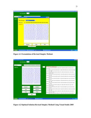 21
Figure 4.1 Formulation of Revised Simplex Method.
Figure 4.2 Optimal Solution Revised Simplex Method Using Visual Studio 2005
 
