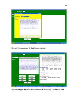 30
Figure 4.9 Formulation of Revised Simplex Method.
Figure 4.10 Optimal Solution Revised Simplex Method Using Visual Studio 2005
 