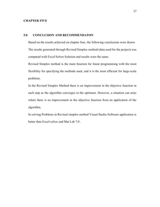 37
CHAPTER FIVE
5.0 CONCLUSION AND RECOMMENDATON
Based on the results achieved on chapter four, the following conclusions were drawn.
The results generated through Revised Simplex method (data used for the project) was
compared with Excel Solver Solution and results were the same.
Revised Simplex method is the main function for linear programming with the most
flexibility for specifying the methods used, and it is the most efficient for large-scale
problems.
In the Revised Simplex Method there is an improvement in the objective function in
each step as the algorithm converges to the optimum. However, a situation can arise
where there is no improvement in the objective function from an application of the
algorithm.
In solving Problems in Revised simplex method Visual Studio Software application is
better than Excel solver and Mat Lab 7.0 .
 