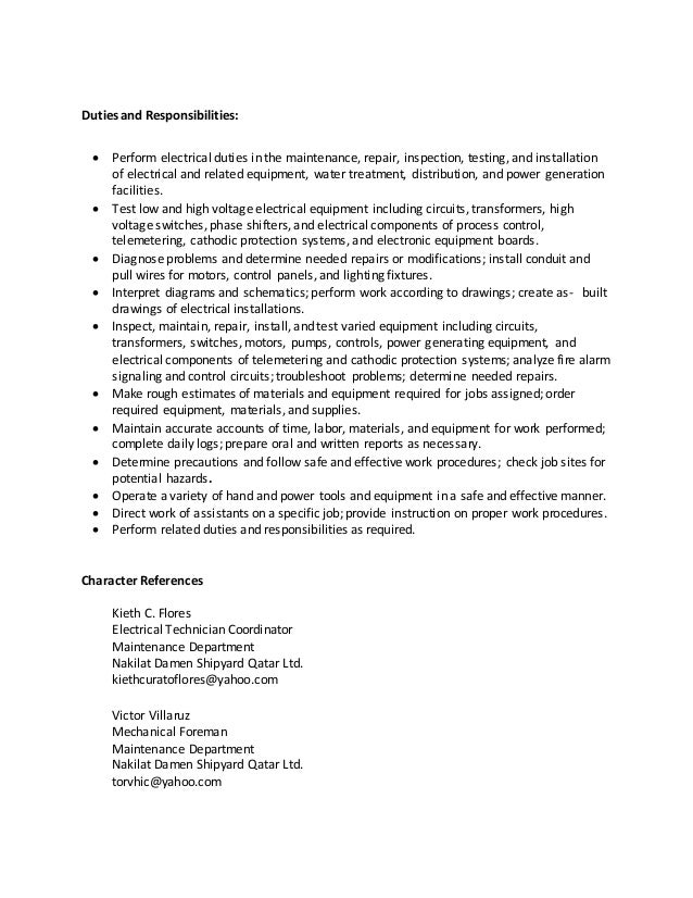 duties and responsibilities perform electrical professional