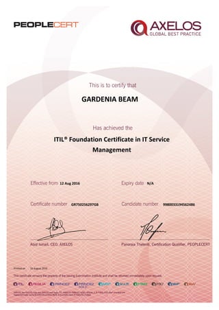 GARDENIA BEAM
ITIL® Foundation Certificate in IT Service
Management
12 Aug 2016
GR750256297GB
Printed on 16 August 2016
N/A
9980033194562486
 