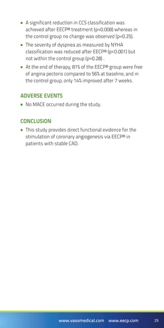 29www.vasomedical.com www.eecp.com
A significant reduction in CCS classification was••
achieved after EECP® treatment (p=0.008) whereas in
the control group no change was observed (p=0.25).
The severity of dyspnea as measured by NYHA••
classification was reduced after EECP® (p<0.001) but
not within the control group (p=0.28) .
At the end of therapy, 81% of the EECP® group were free••
of angina pectoris compared to 56% at baseline, and in
the control group, only 14% improved after 7 weeks.
ADVERSE EVENTS
No MACE occurred during the study.••
CONCLUSION
This study provides direct functional evidence for the••
stimulation of coronary angiogenesis via EECP® in
patients with stable CAD.
 